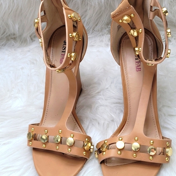JustFab Shoes - Just Fab Tan Ankle Sandals Gold Studs